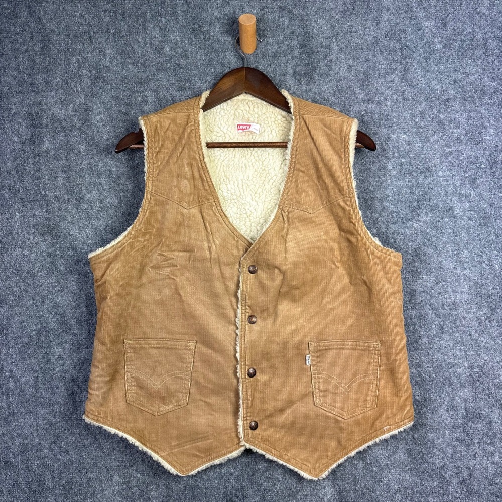 Levi's Corduroy Sherpa Vest Mens L Tan Brown Vintage 70s Western Made in USA